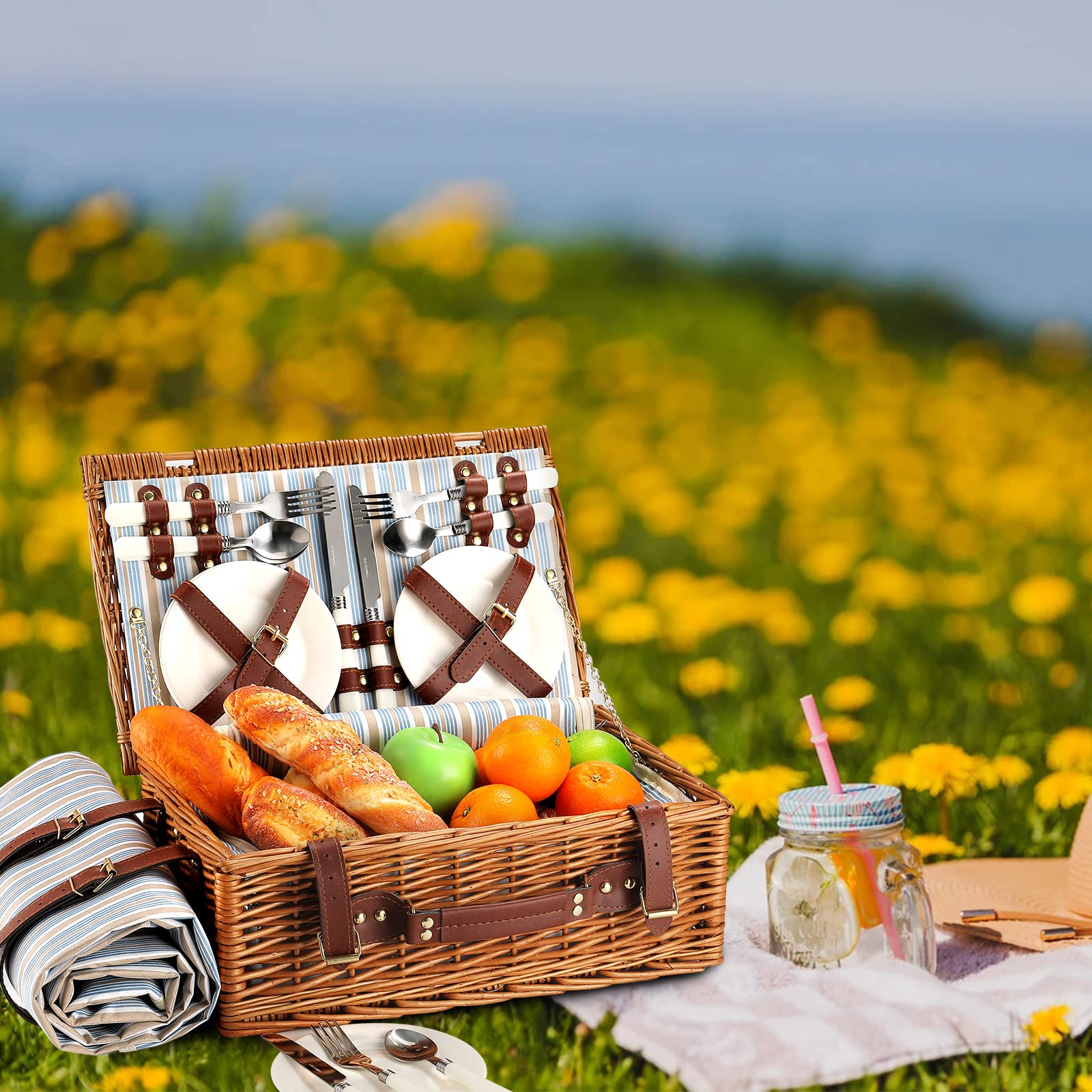 HYBDAMAI picnic basket in car demonstrating convenient transport and secure straps