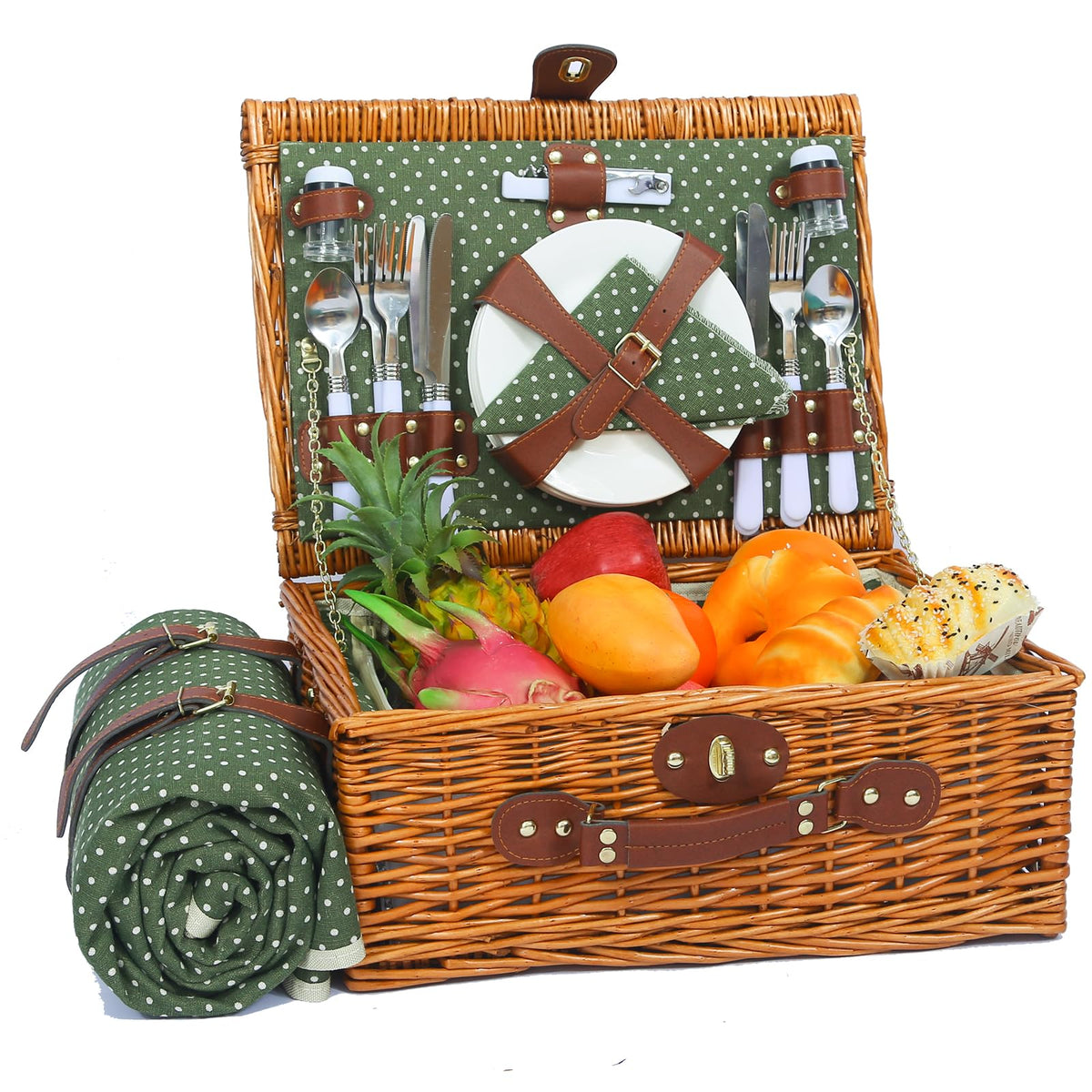 HYBDAMAI front view of wicker picnic basket showing classic design and secure buckles