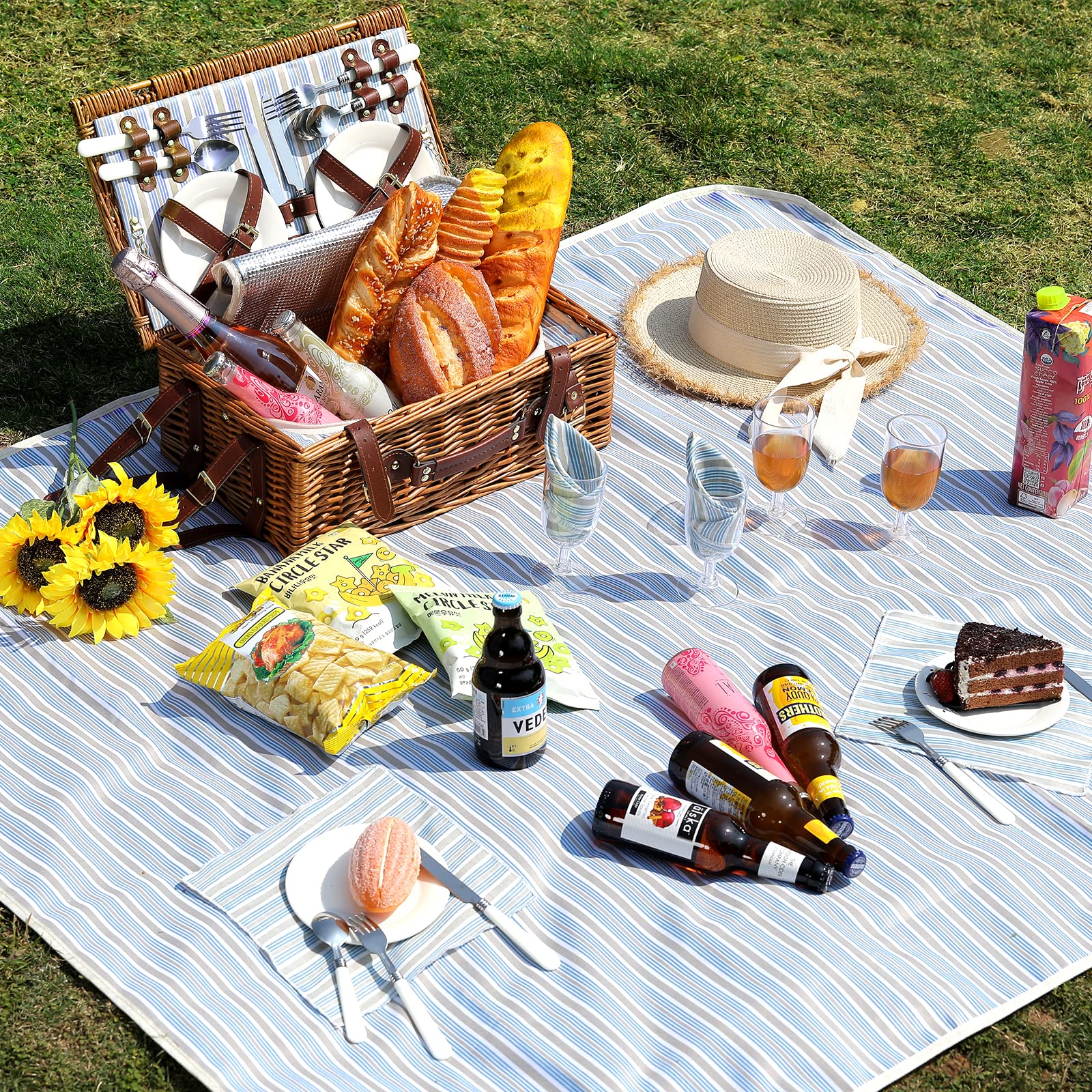 HYBDAMAI open basket displaying organized plates glasses and cutlery for easy setup