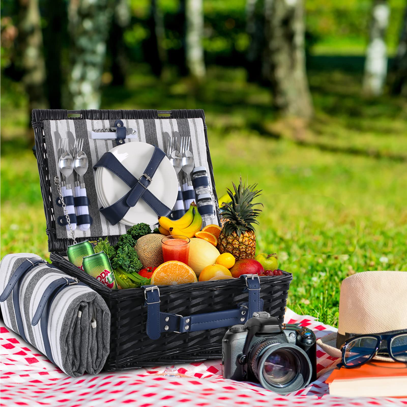 HYBDAMAI opened basket displaying secured tableware for easy setup benefit
