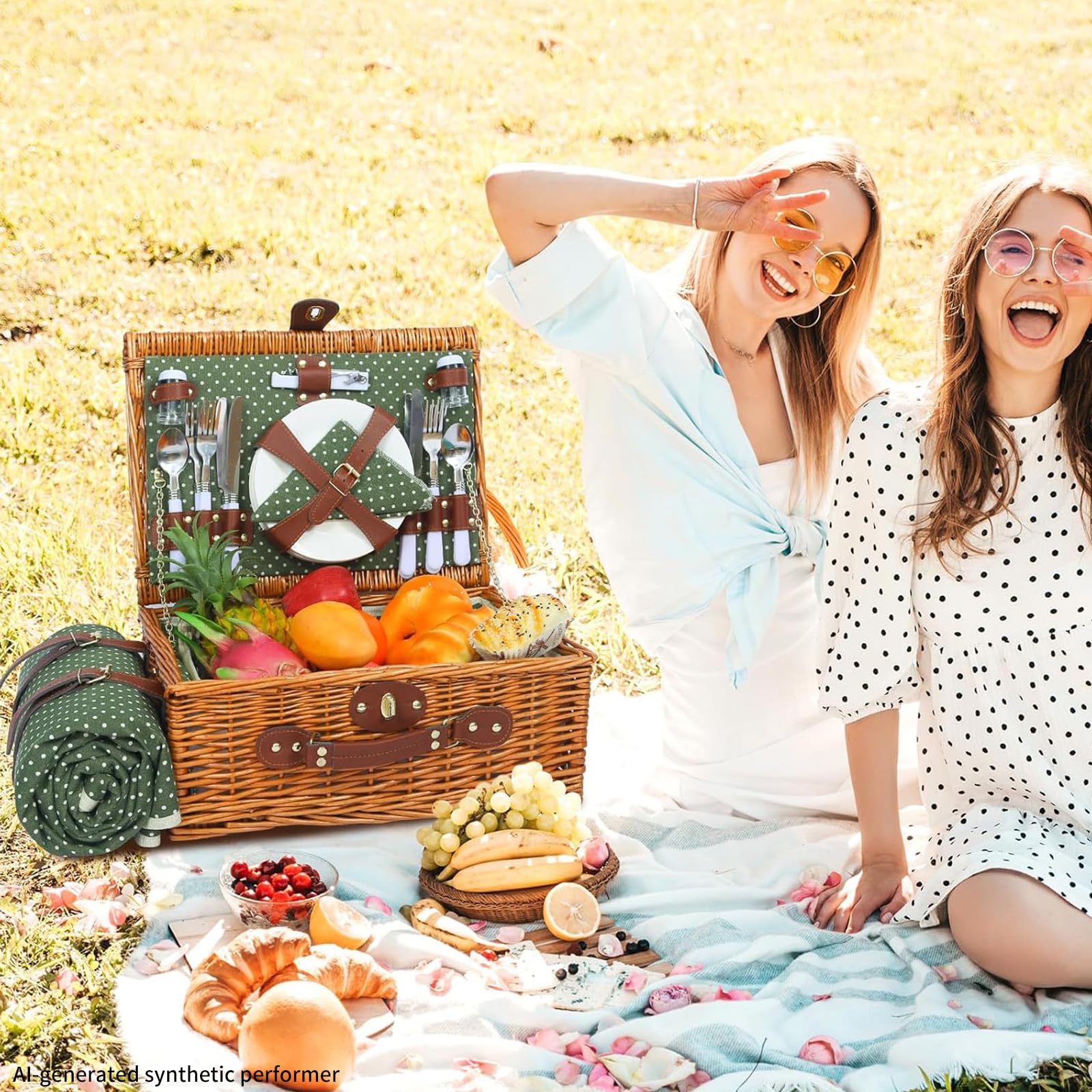 HYBDAMAI basket beside a picnic blanket and bottle showing its compact scale