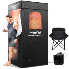 HyberVital sauna tent front view showing compact exterior and quick setup benefit