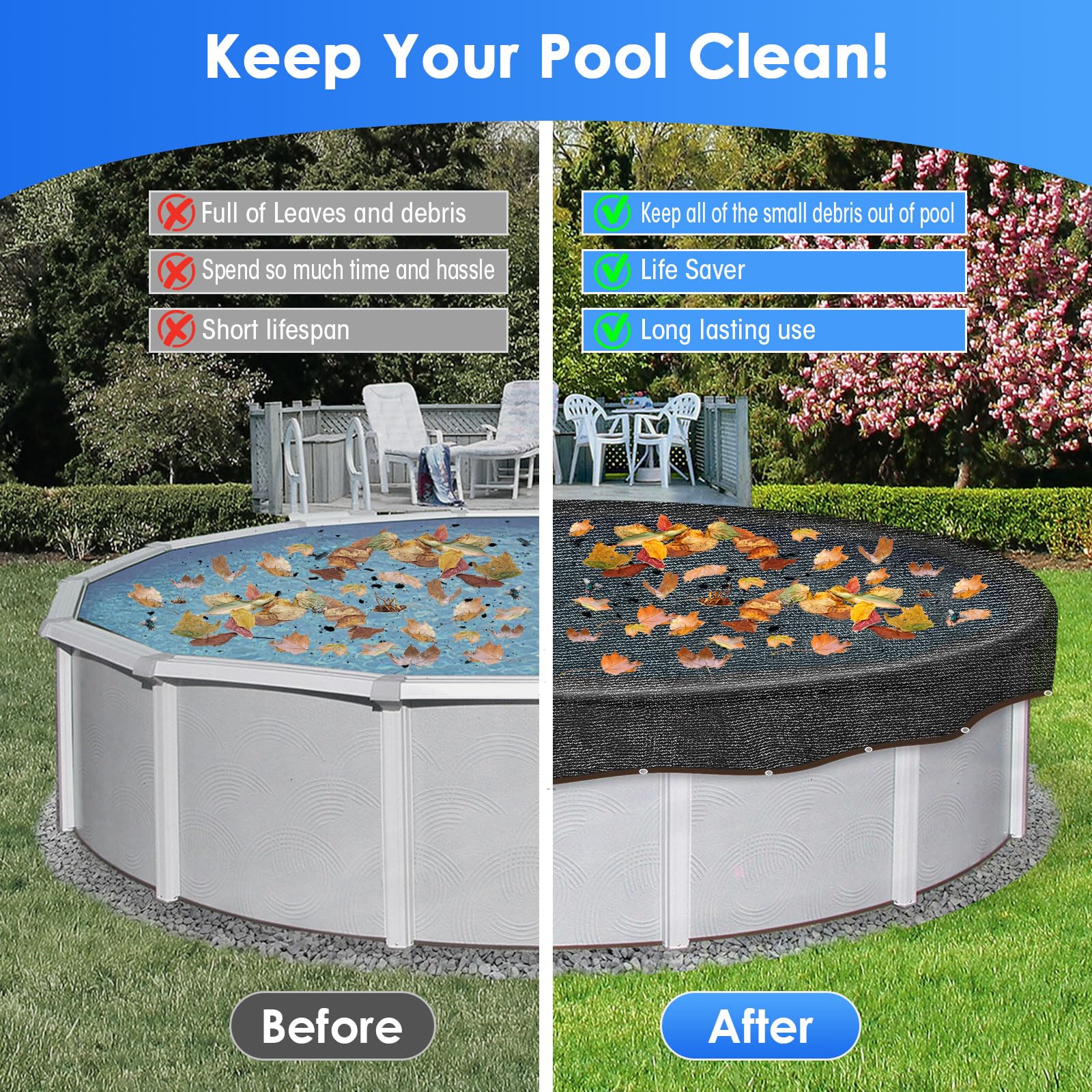 Hydream installed over 18ft above-ground pool showing debris prevention and easy use