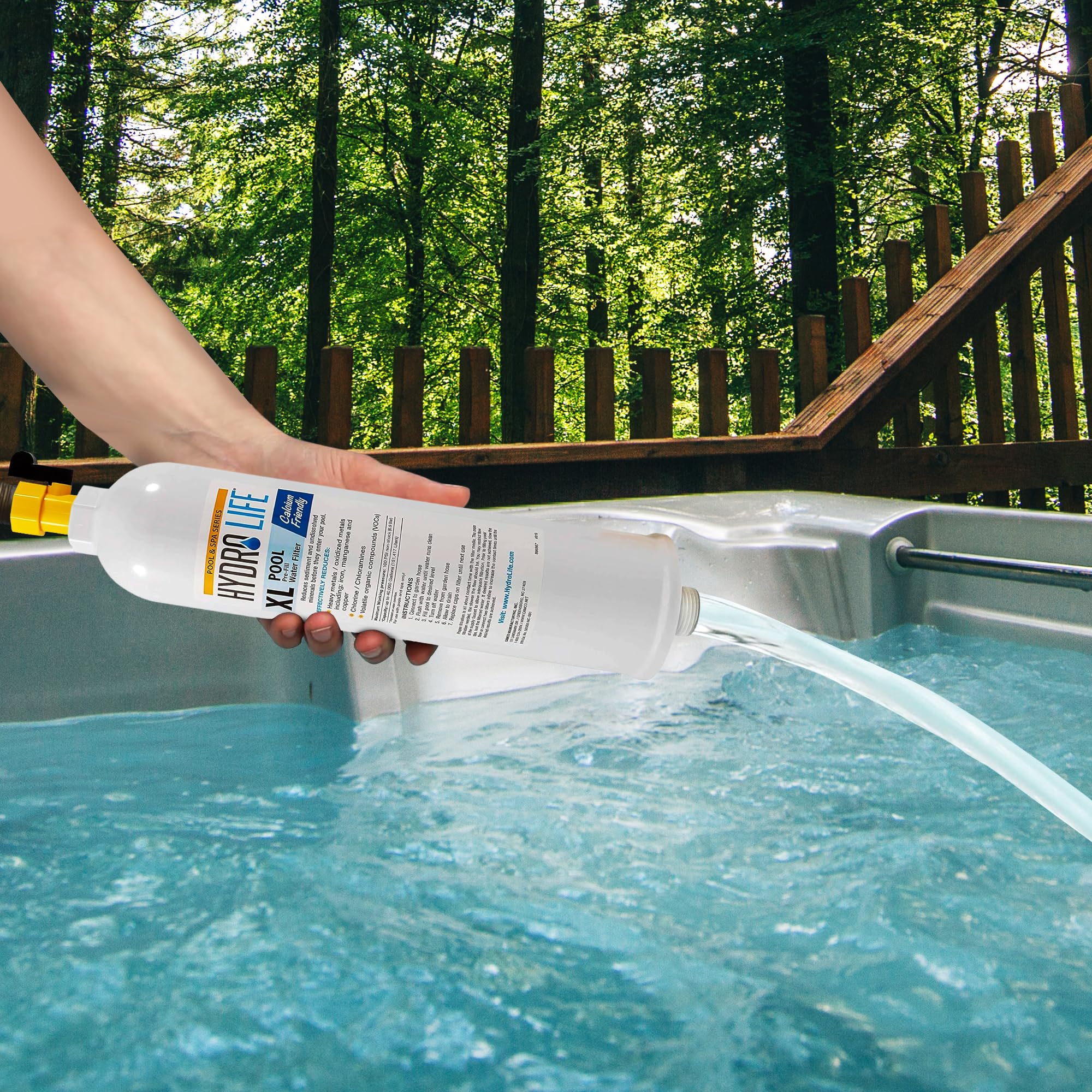 Hydro Life attached to garden hose filling a spa for cleaner water
