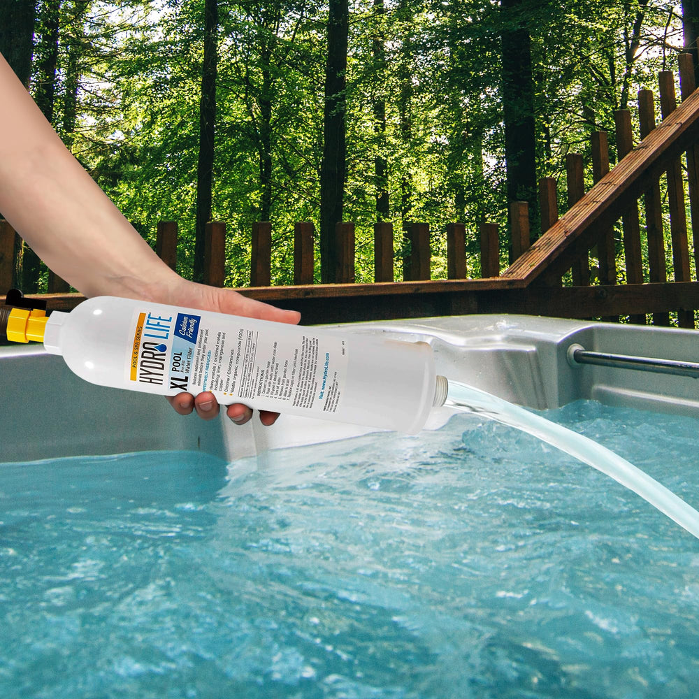 Hydro Life attached to garden hose filling a spa for cleaner water