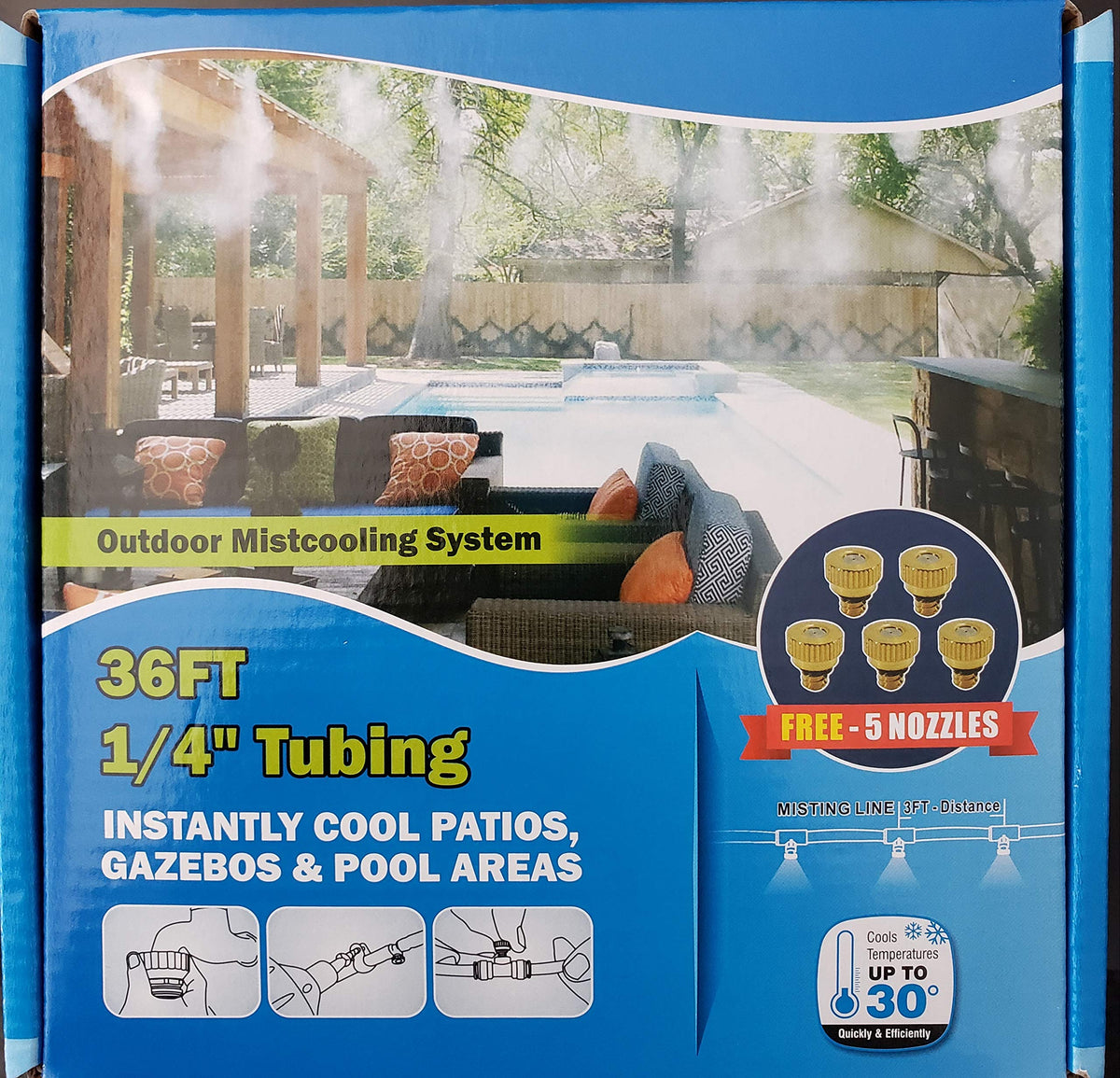 Hydrobreeze front packaging showing full patio mister kit and contents benefit cooling