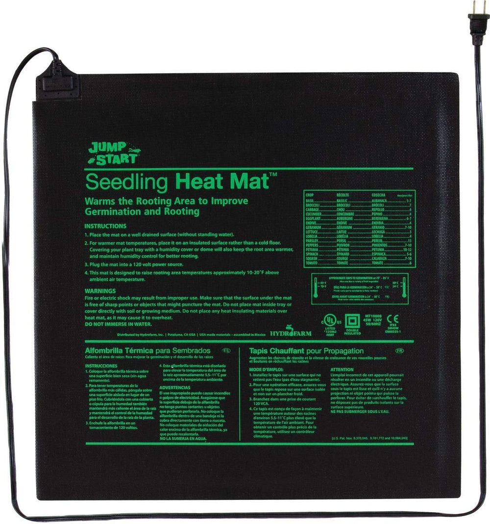Hydrofarm front view of black 20x20 heat mat showing compact footprint and reliability