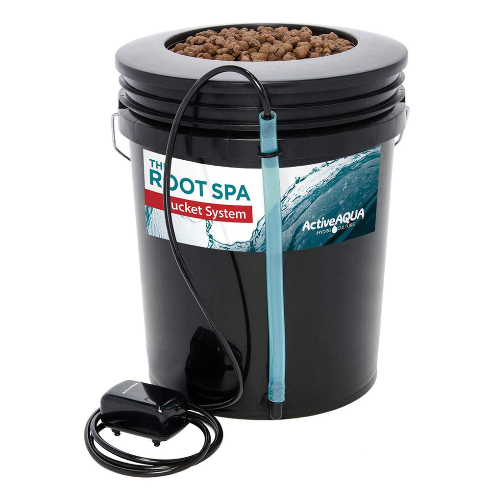 Hydrofarm Root Spa front view showing bucket and lid, highlights compact footprint