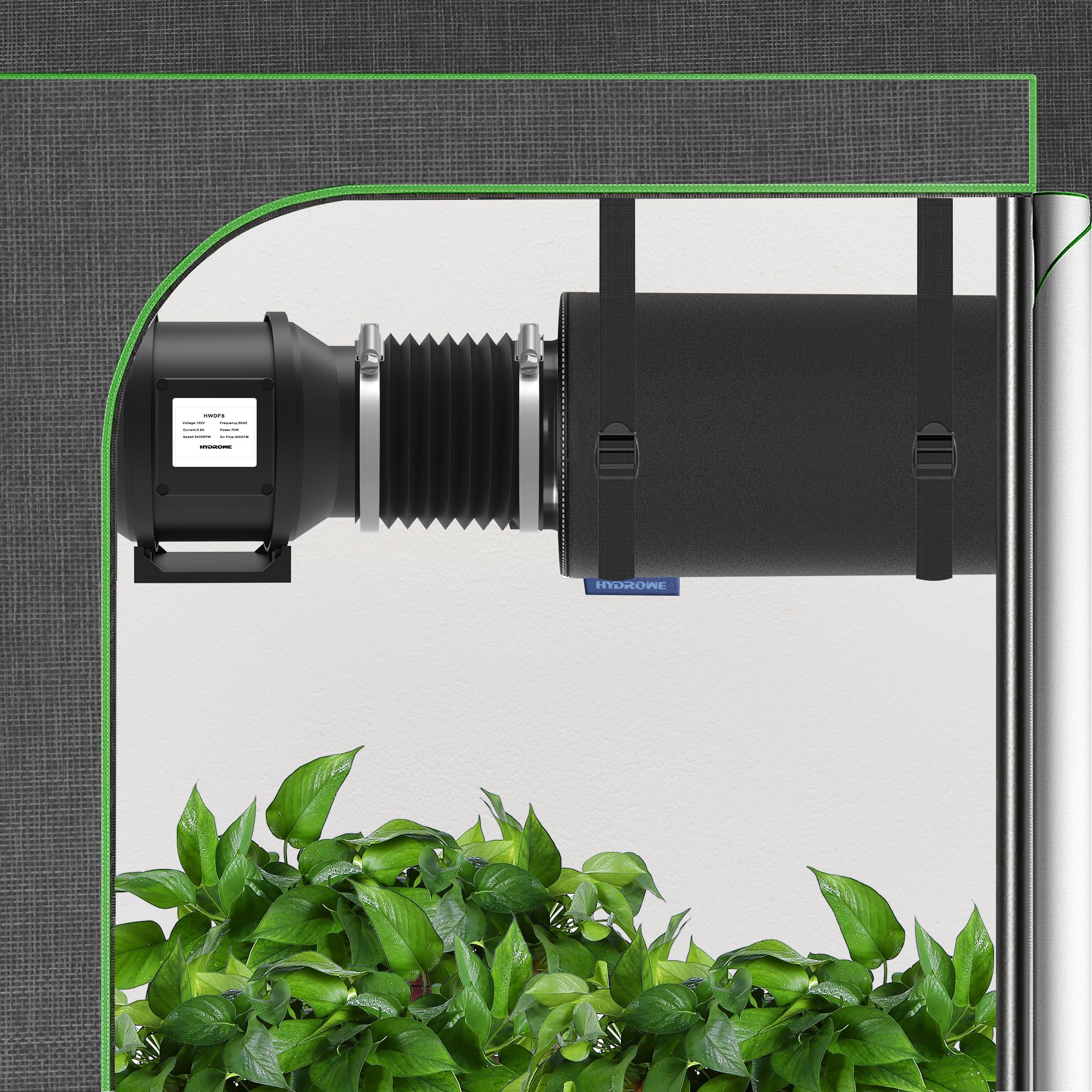 HYDROWE filter next to a 4-inch inline fan showing compact scale and easy integration
