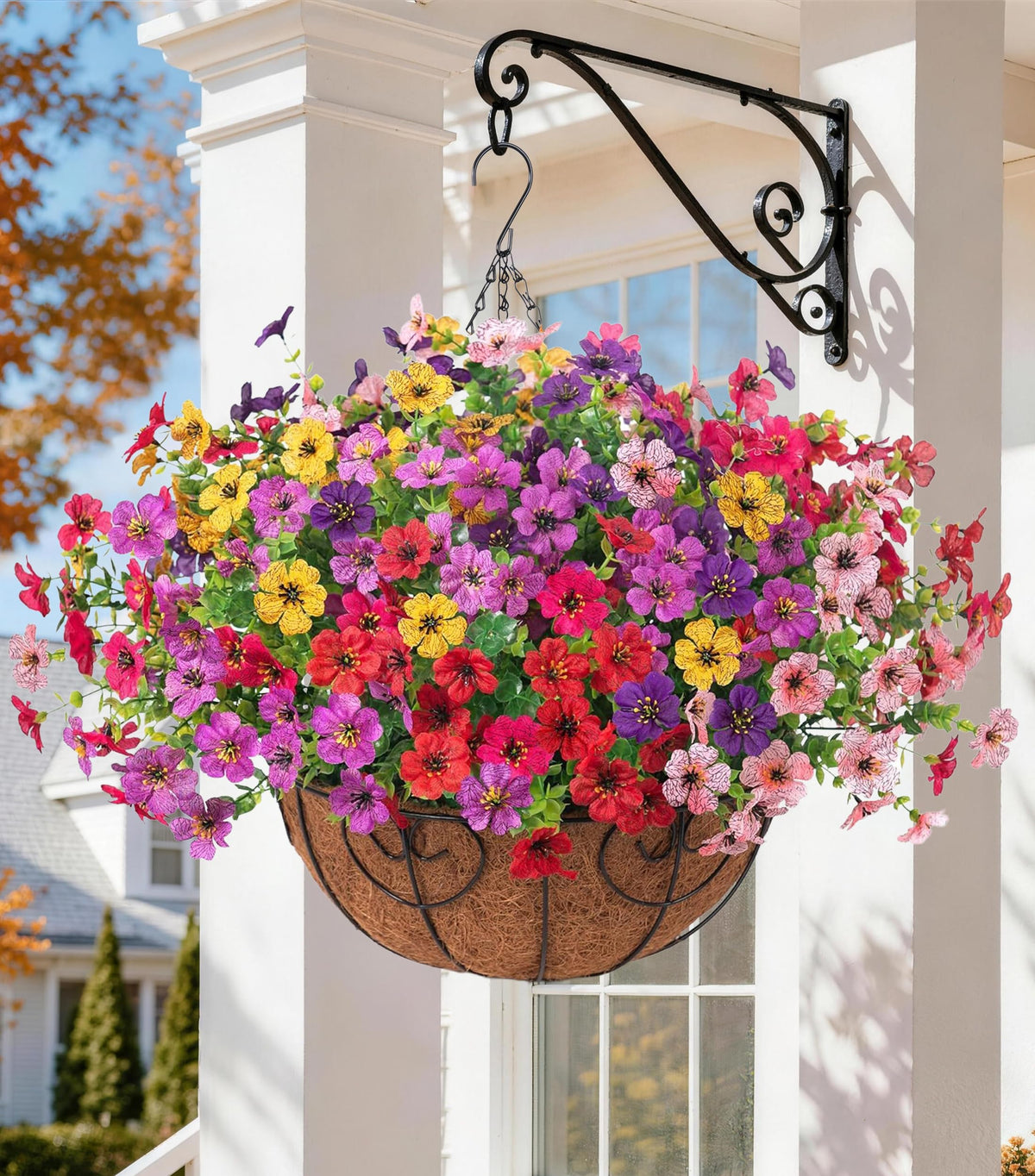 HyeFlora front view of hanging basket showing full floral display and instant curb appeal
