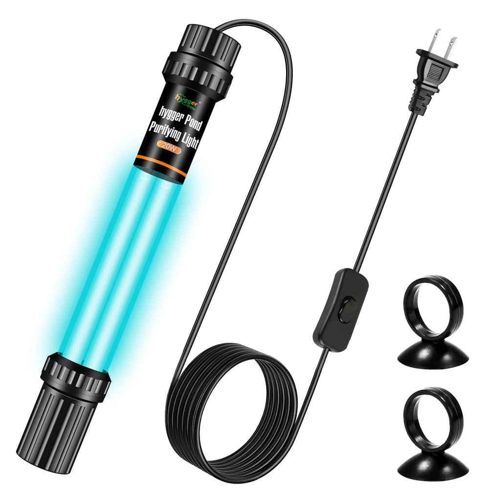 hygger front view of 32W U-V pond light showing sealed housing and dual tubes, improves water clarity