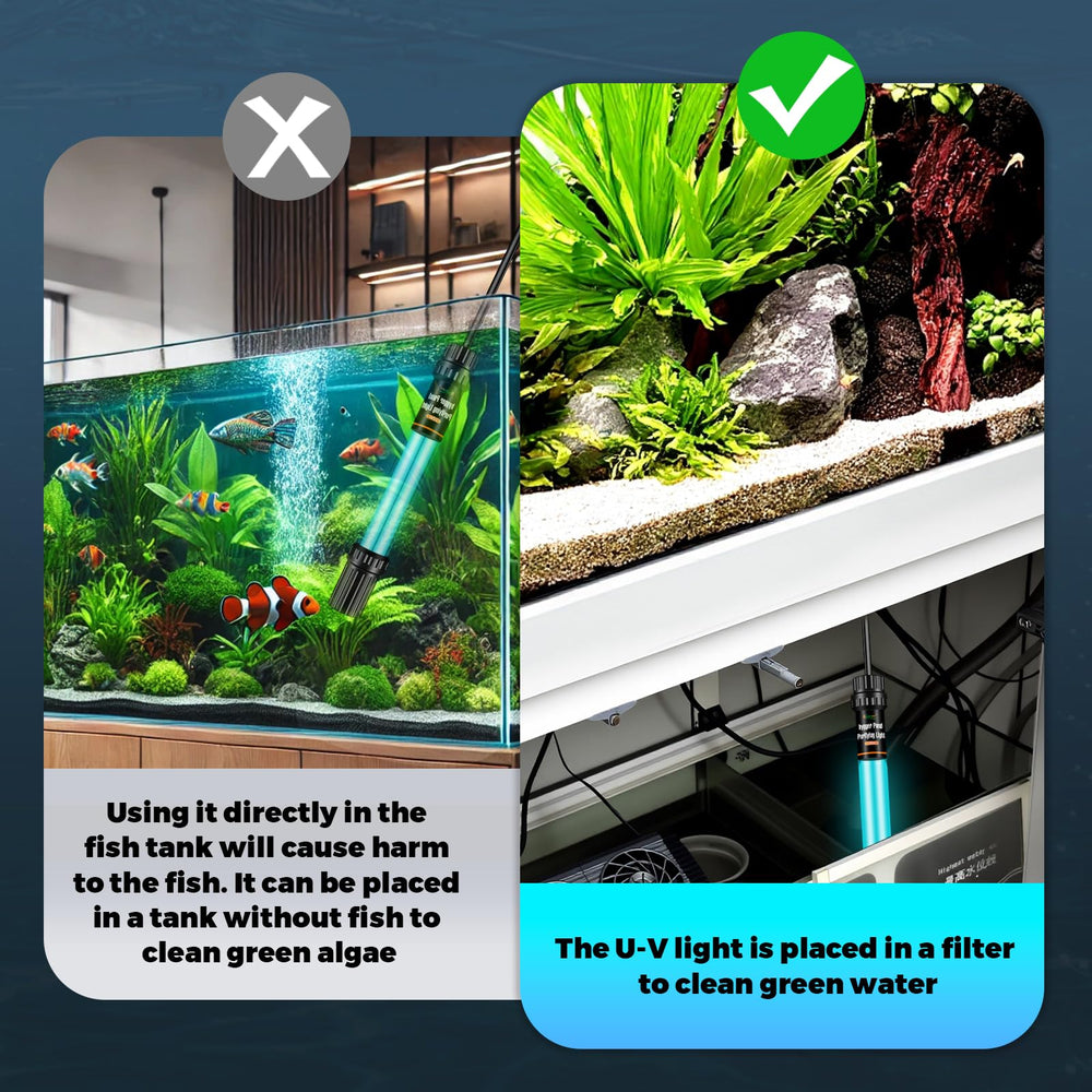 hygger unit installed in a sump/filter chamber showing inline placement, protects fish from direct U-V