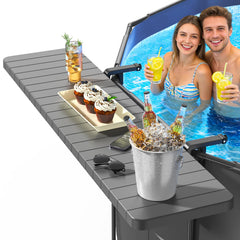 Hyperzoo front-mounted pool bar attached to above ground rail, keeps drinks handy