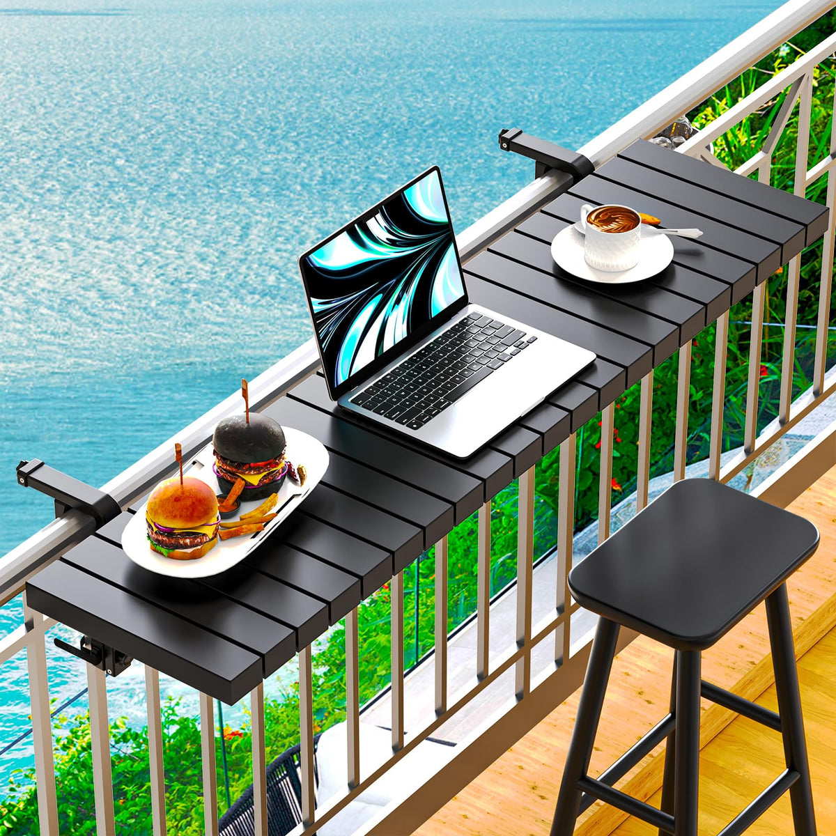 Hyperzoo front view mounted balcony table showing sturdy surface and neat organization