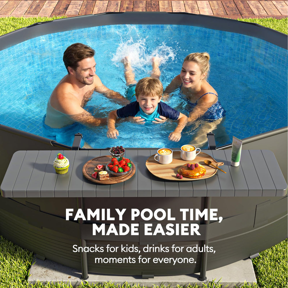 Hyperzoo table in use with drinks and speaker while swimmer relaxes nearby