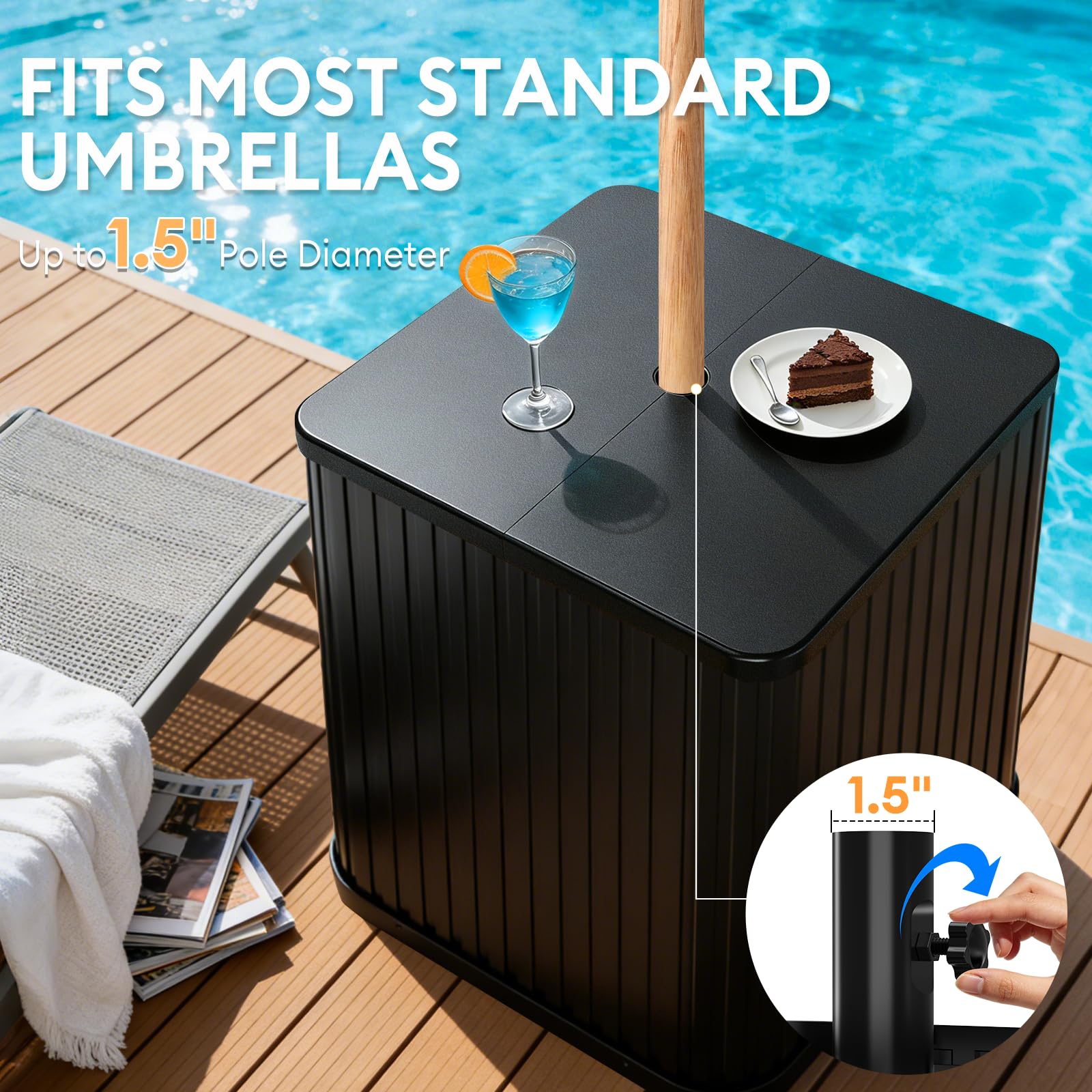Hyperzoo table in use poolside holding drinks and sunscreen for convenience