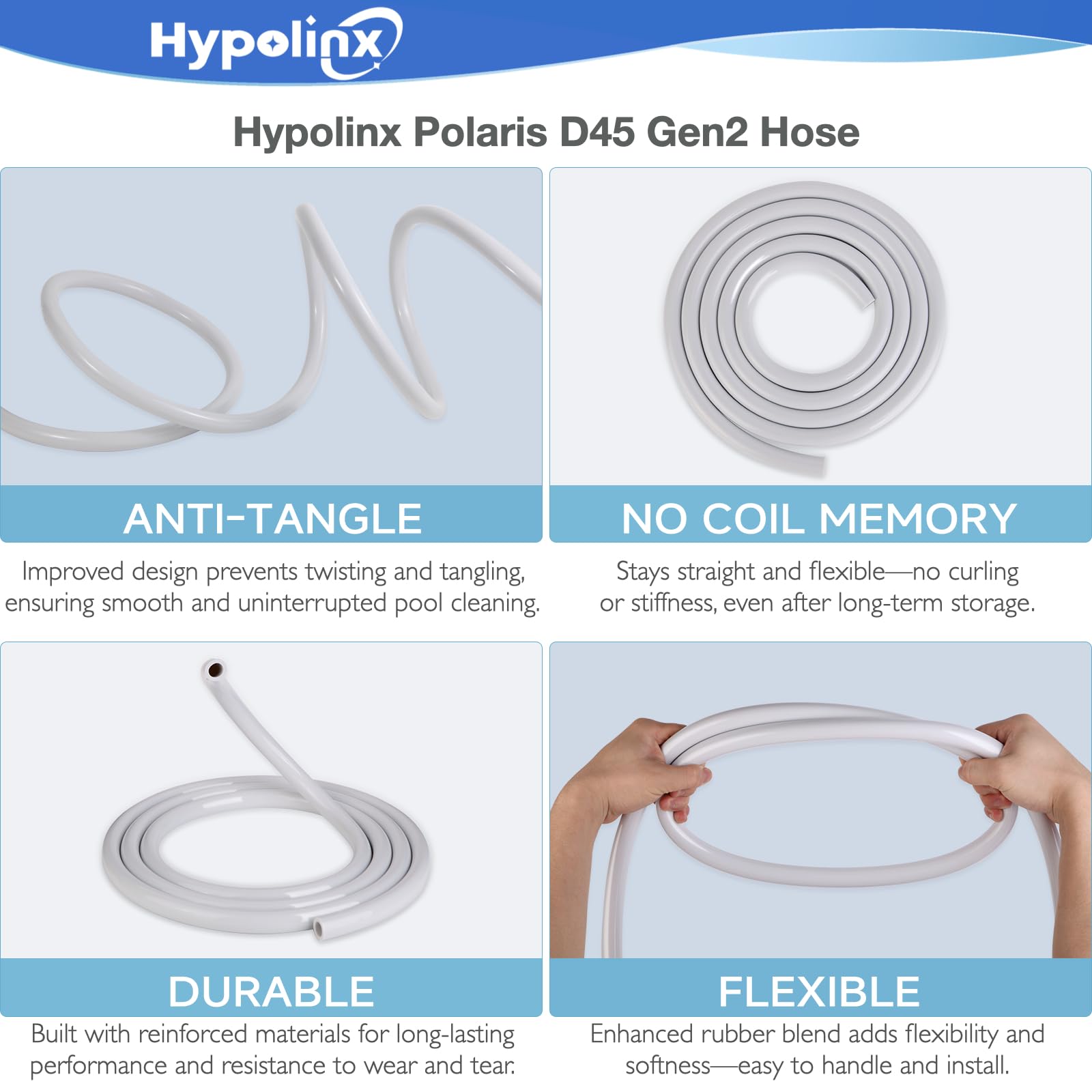Hypolinx hose attached to Polaris-style cleaner demonstrating smoother movement and balance