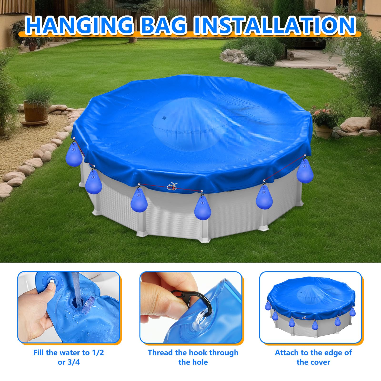 HZCGJMY installed cover on pool in snowy backyard protecting water and liner