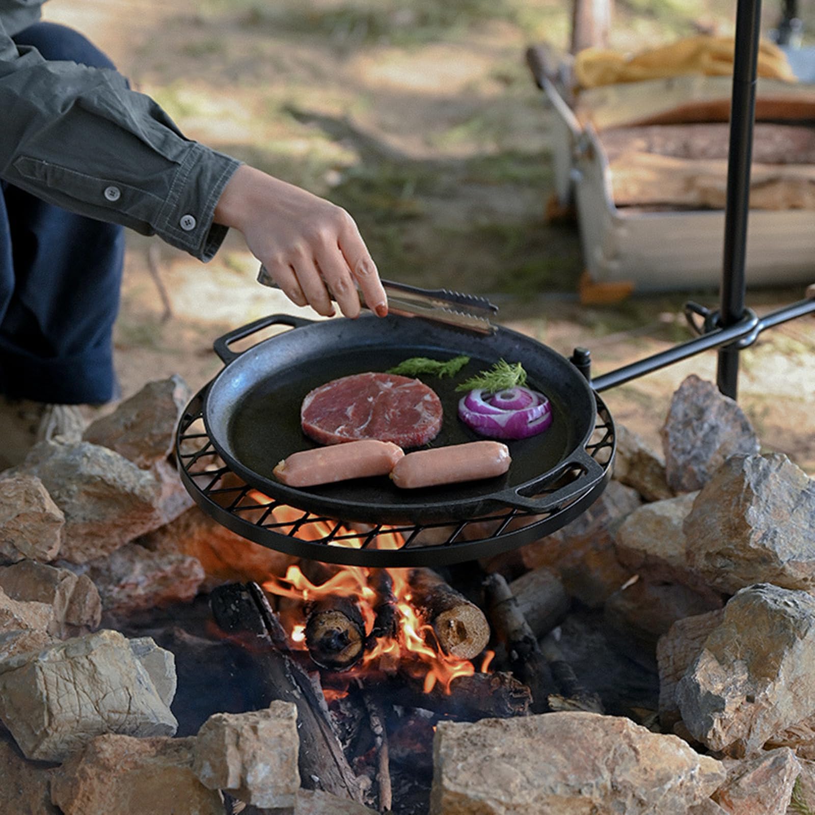 HZGAMER grill in use over open campfire demonstrating stable cooking and versatile fuel use