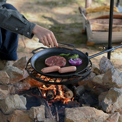 HZGAMER grill in use over open campfire demonstrating stable cooking and versatile fuel use