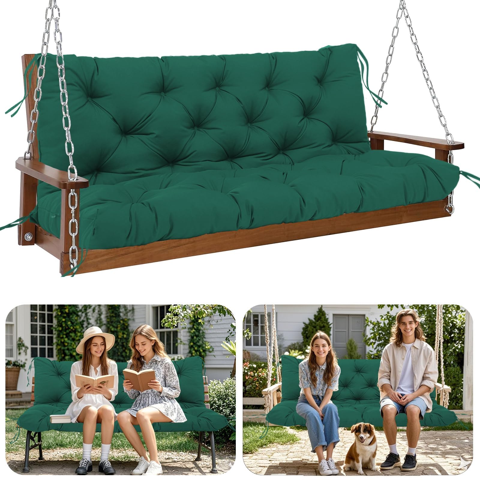 HZMGPCM front view of dark green 3-seater cushion showing fit and color benefit