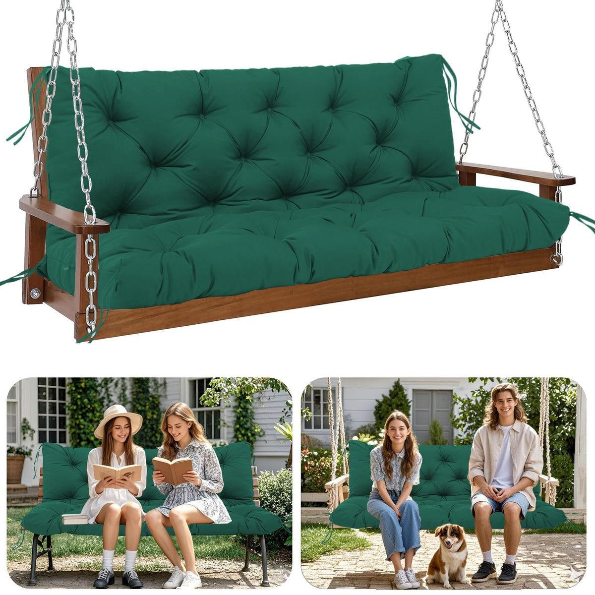 HZMGPCM front view of dark green 3-seater cushion showing fit and color benefit
