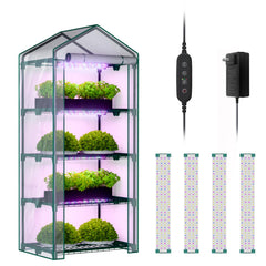 i-SUNSHORE front view assembled greenhouse showing compact footprint and organized tiers