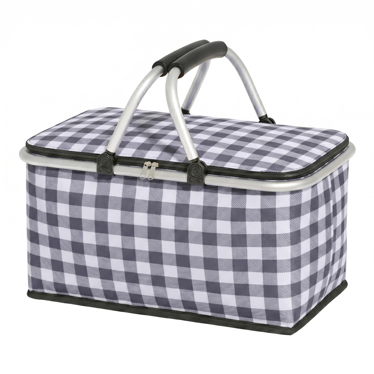 IACTIVE front view of insulated picnic basket showing black grid and handles for easy carrying