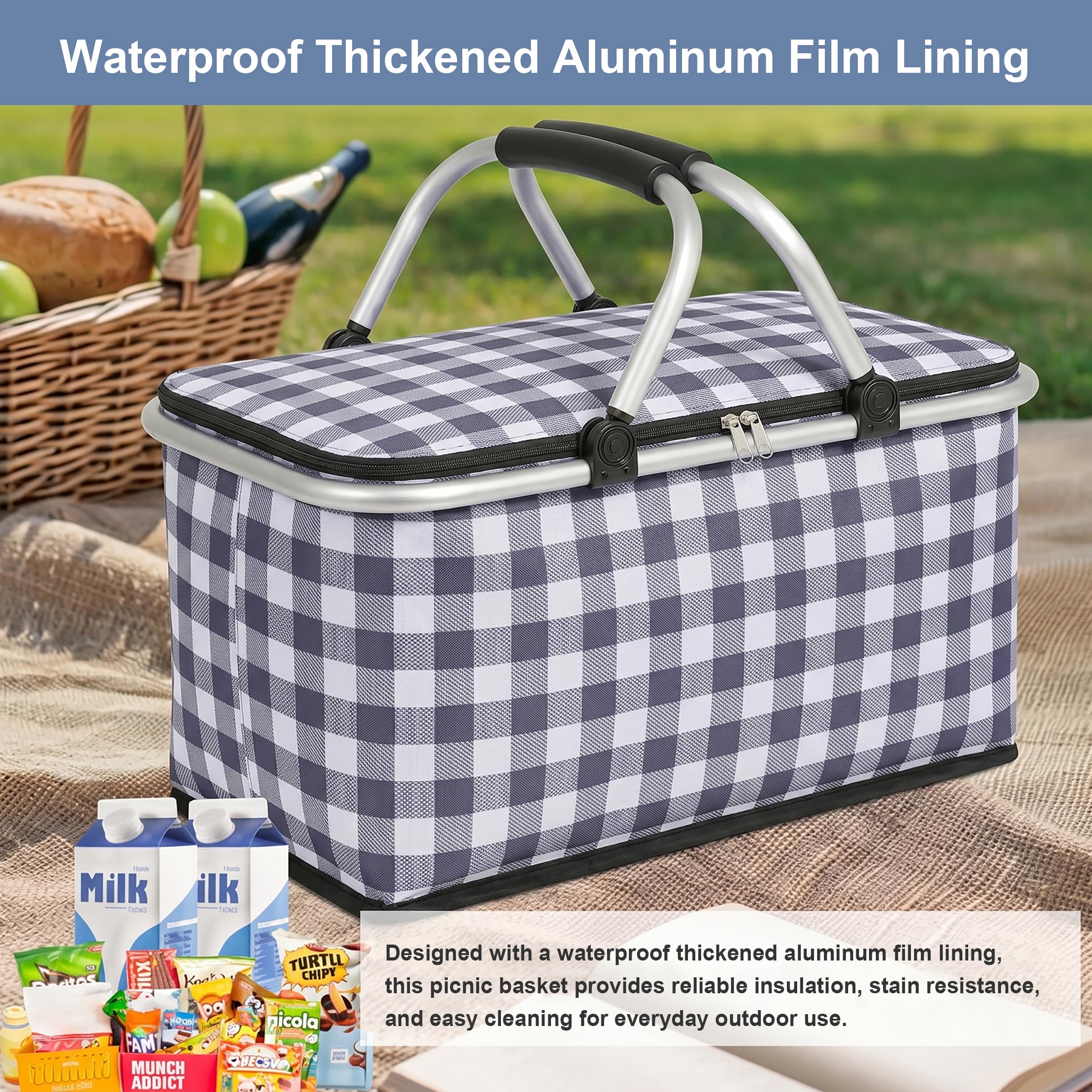 IACTIVE basket next to water bottle to show scale and roomy 30L capacity for family items