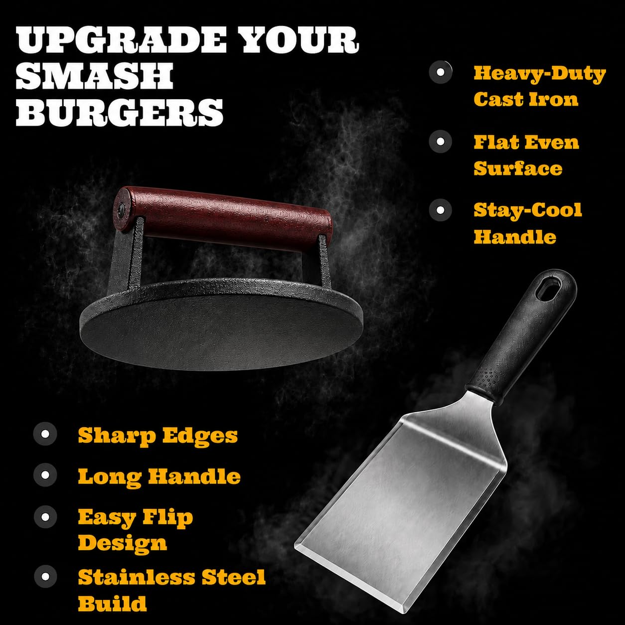 IAN's kit on griddle in use showing workflow benefit for quick smash-burger cooking