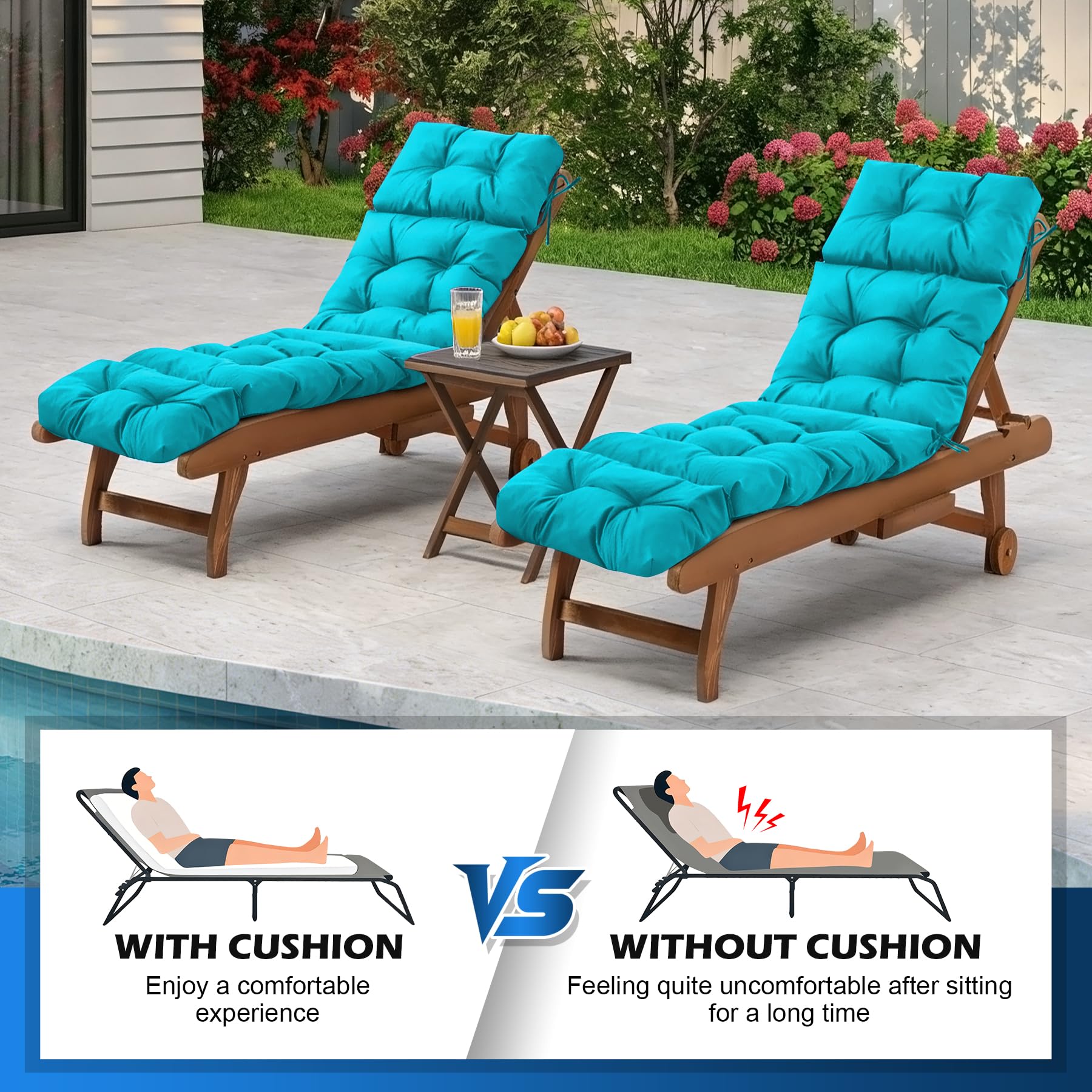 IASEAHK chaise cushion in use poolside on lounger offering comfortable outdoor relaxation