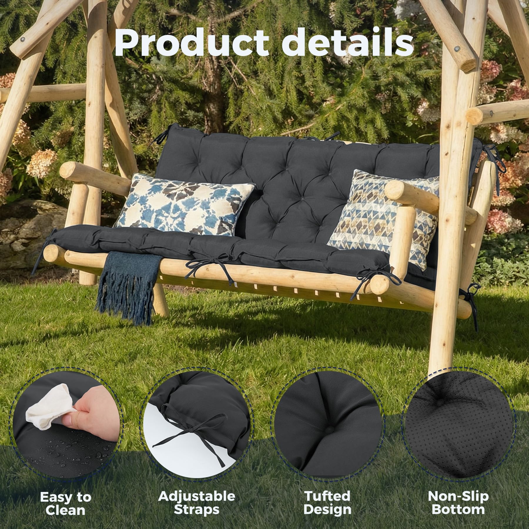 IASEAHK cushion installed on wooden swing illustrating comfort for three people