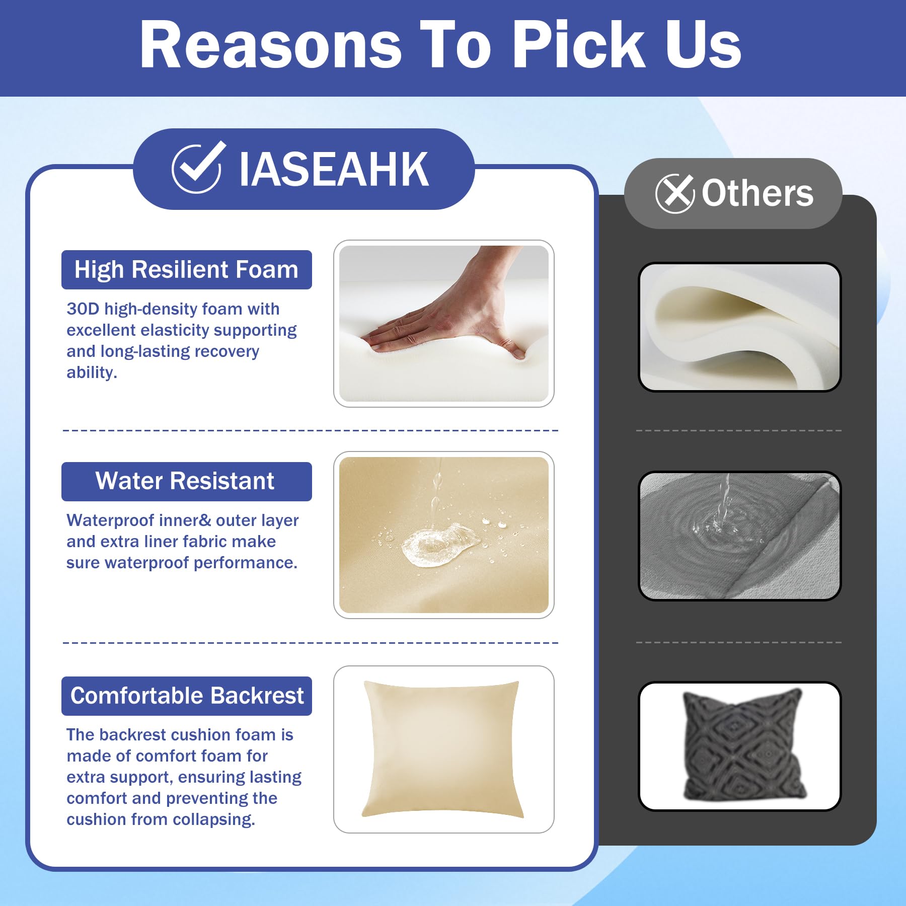 IASEAHK seat and back on a patio chair showing improved outdoor comfort benefit