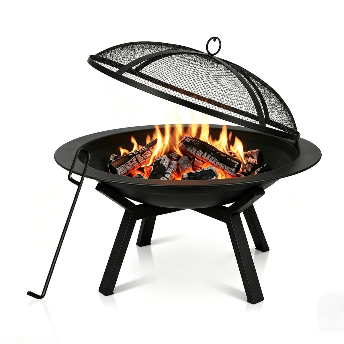 IBGUC fire pit front view showing sturdy legs and black finish for stable warmth