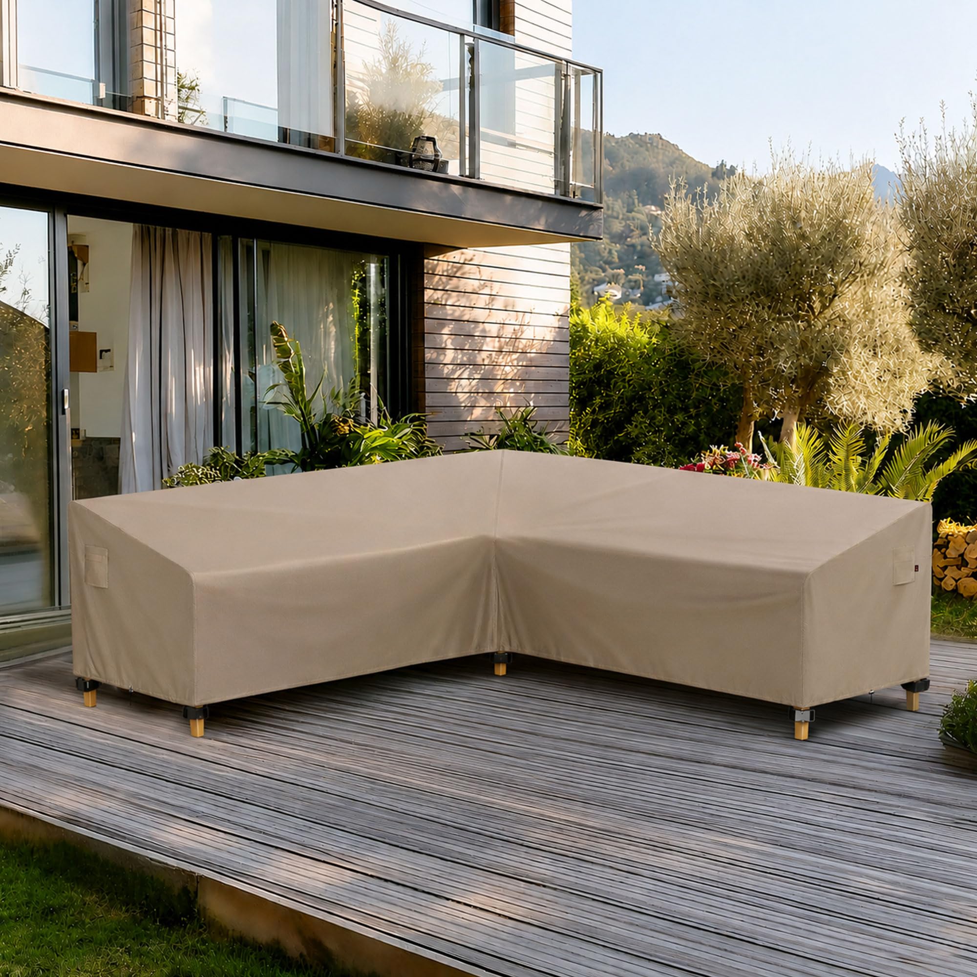 iBirdie cover installed on L-shaped sofa demonstrating outdoor protection