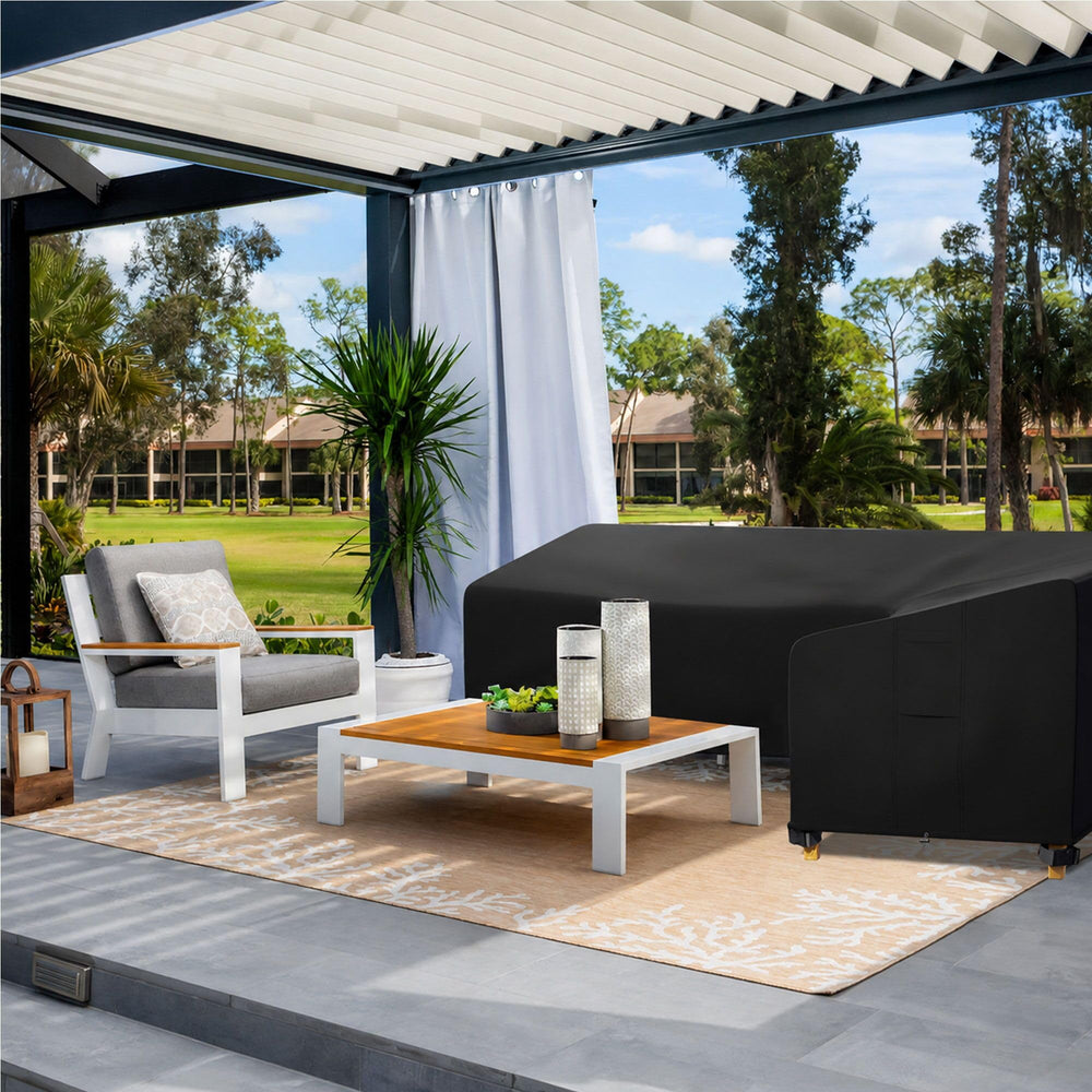 iBirdie cover on outdoor sofa in backyard conveying tidy protection