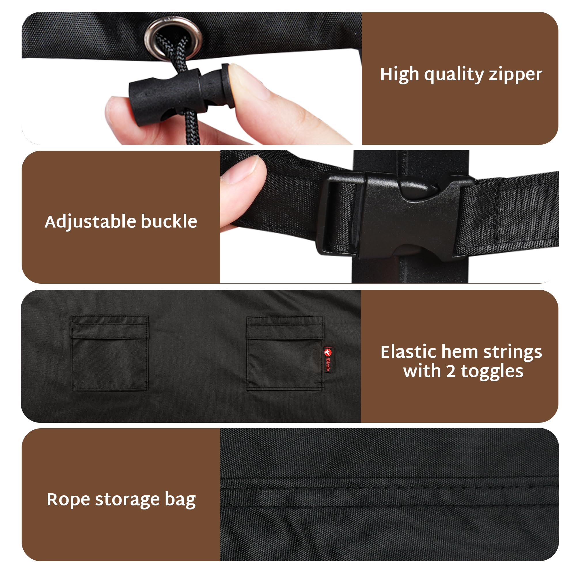 iBirdie cover in use on deck protecting table from rain and sun