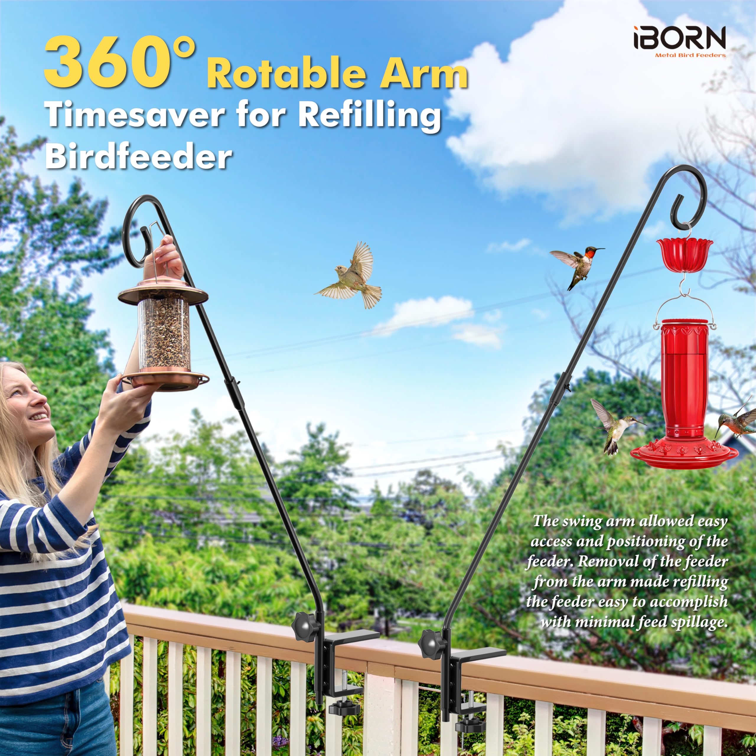 iBorn feeder hung in use showing birds feeding and keeping mess off the deck