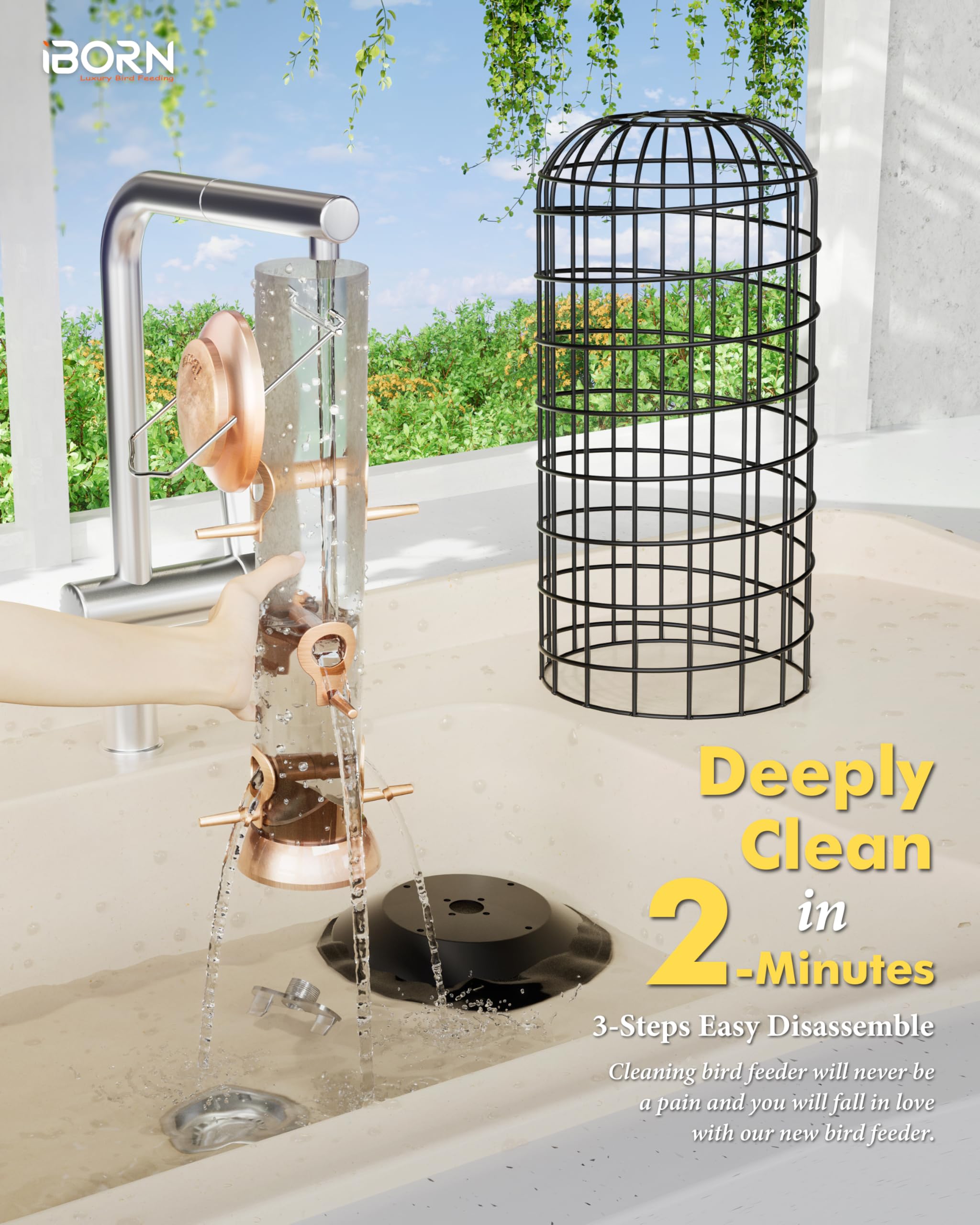 iBorn feeder beside a hand for scale, illustrating 15.4-inch large capacity