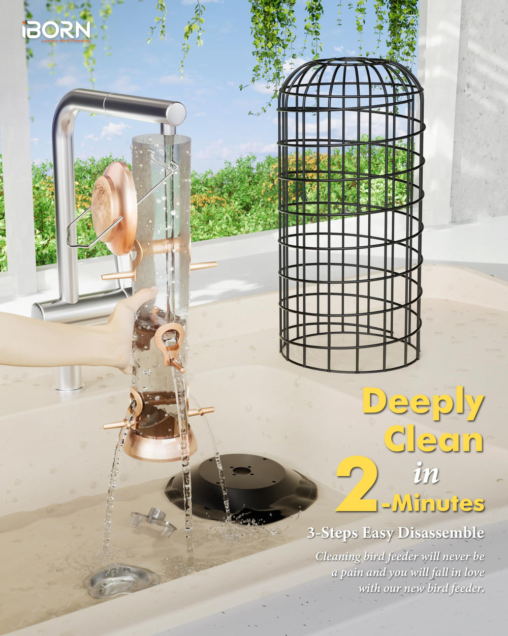 iBorn feeder beside a hand for scale, illustrating 15.4-inch large capacity
