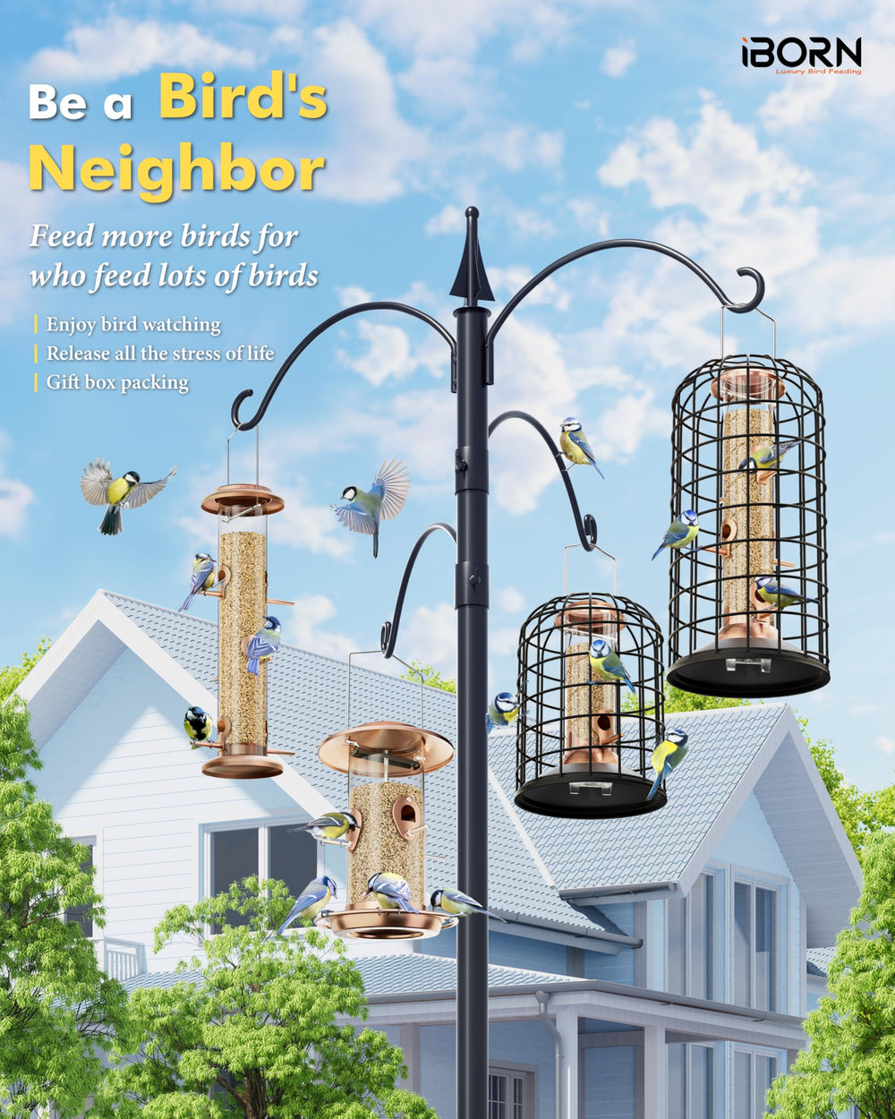 iBorn feeder hung in garden, showing weather-resistant finish and outdoor style