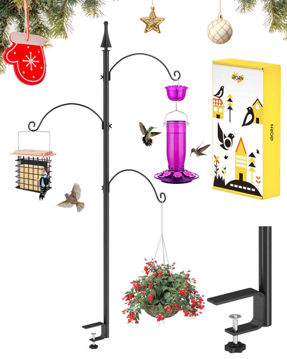 iBorn front view clamped on rail showing secure hold for hanging feeders