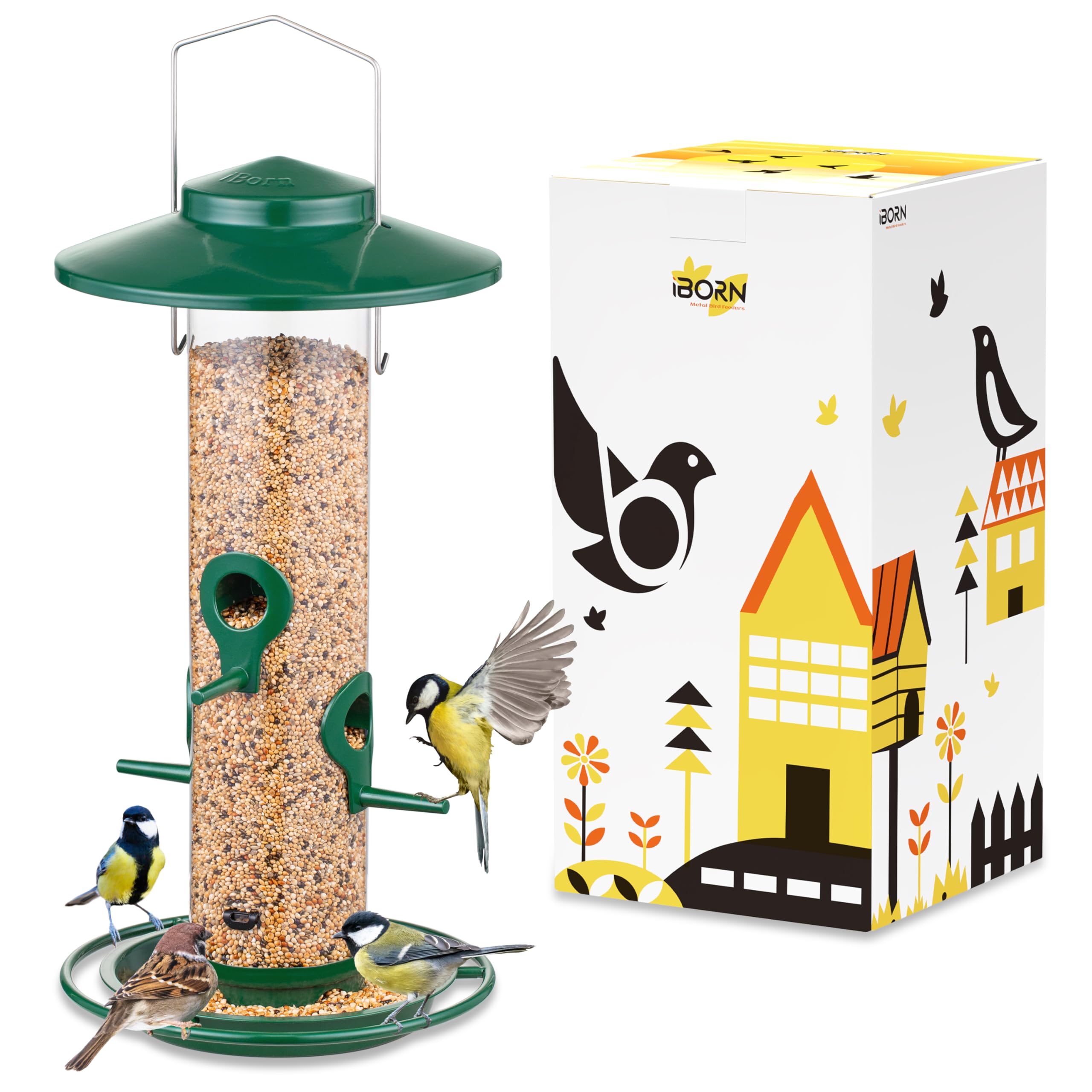 iBorn front view of green metal bird feeder showing durable build and capacity