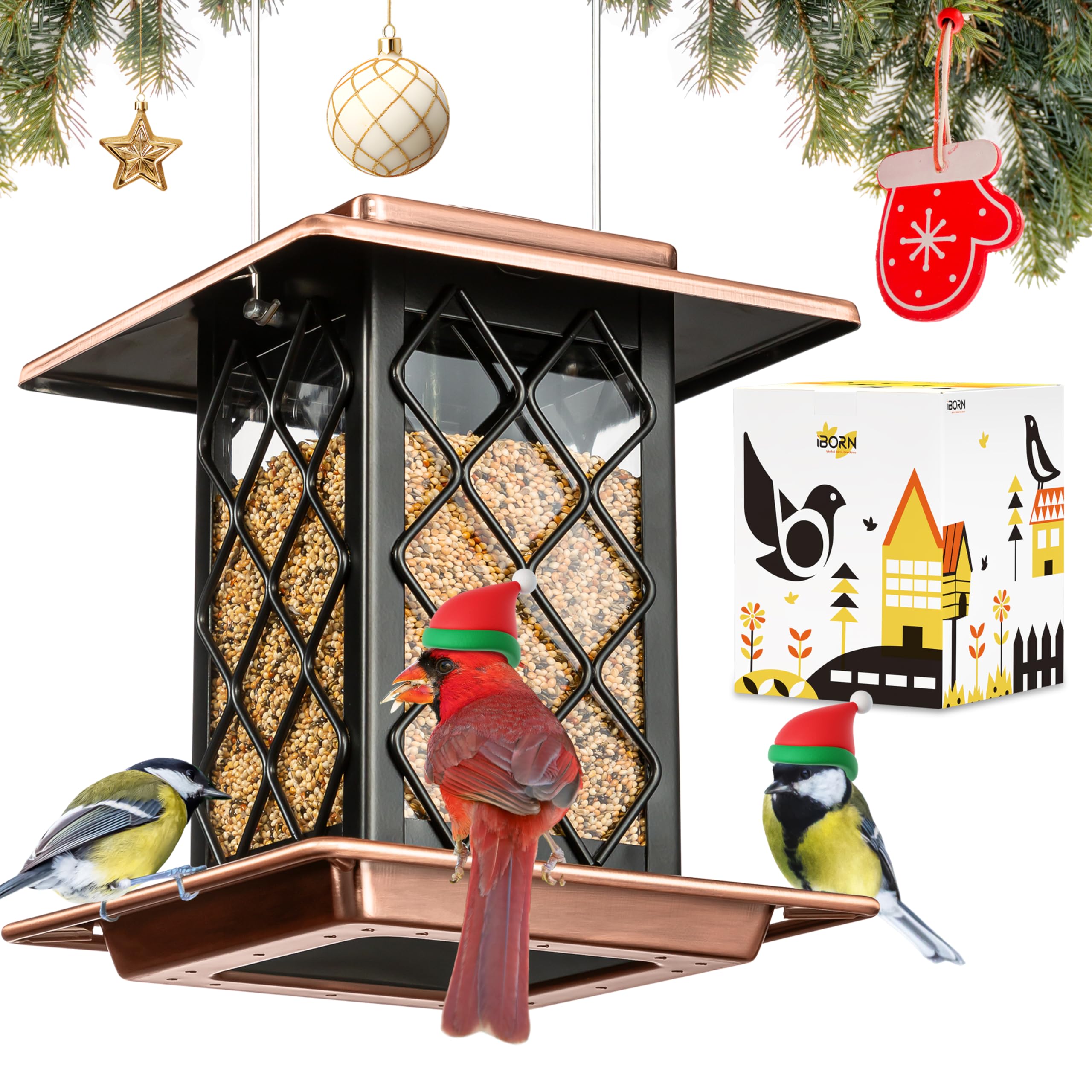 iBorn front view of lantern-style feeder showing sturdy metal body and ample seed capacity