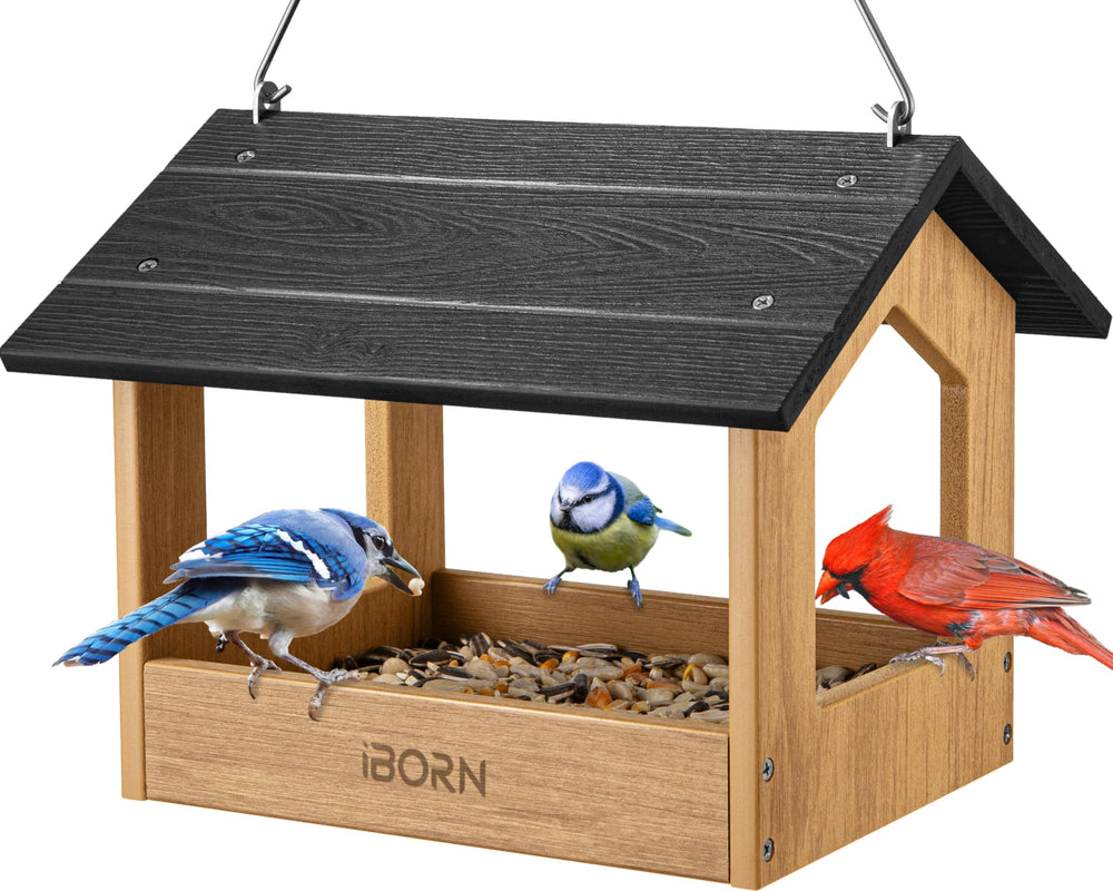 iBorn Pavilion front view showing covered platform and cedar-look finish attracting birds