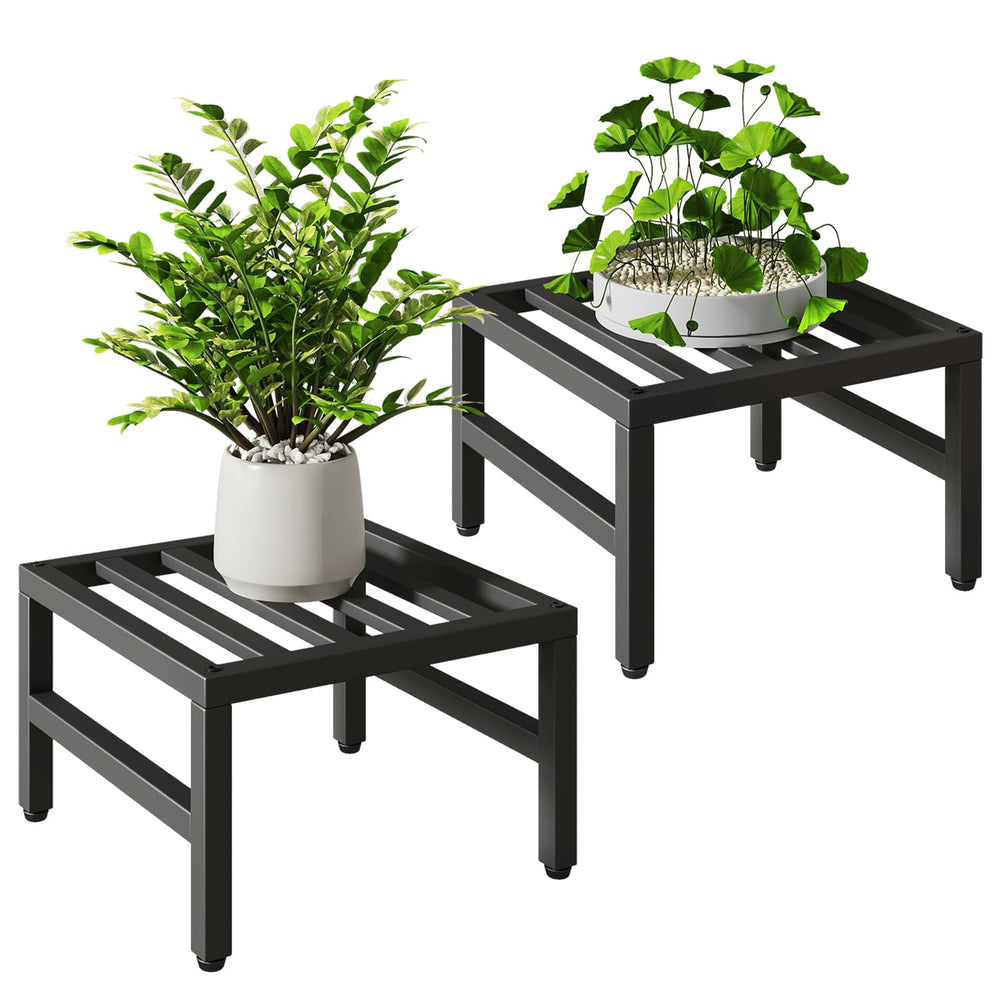 IBUYKE front view of two black metal plant stands showing modern stability