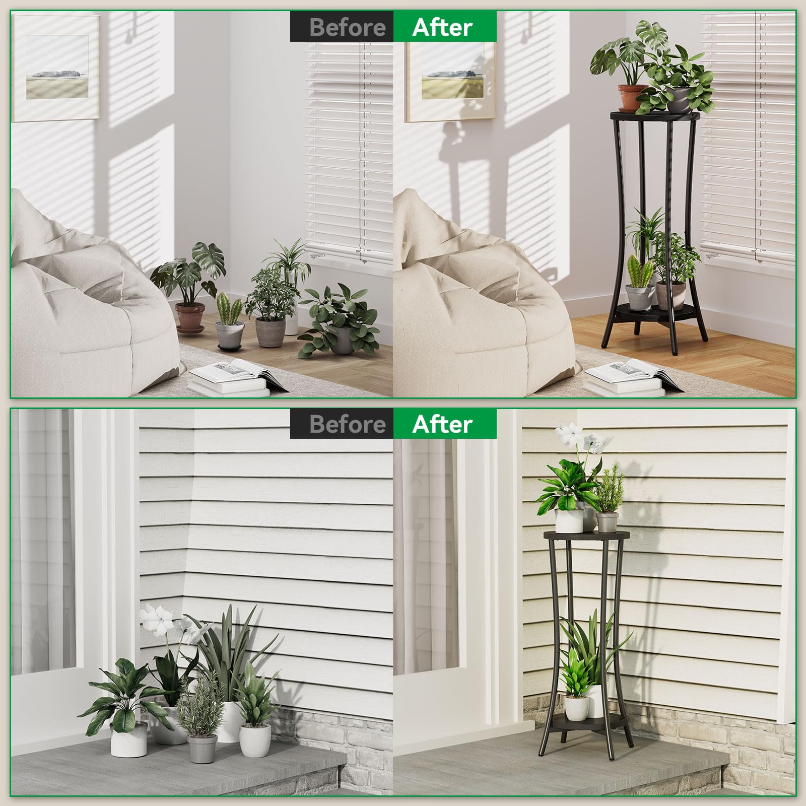 IBUYKE two-tier shelves arranged with plants increasing light exposure