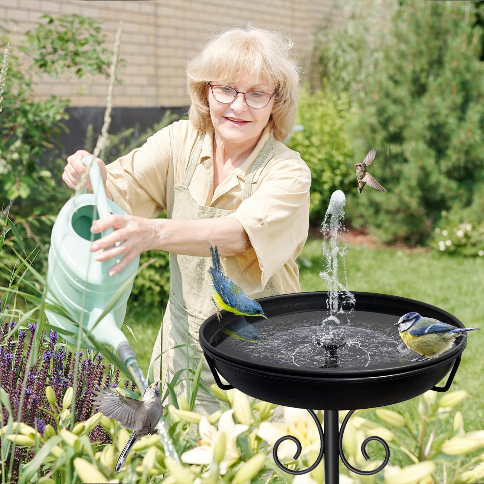 iCHKED bird bath next to patio chair for scale, shows 38-inch freestanding height