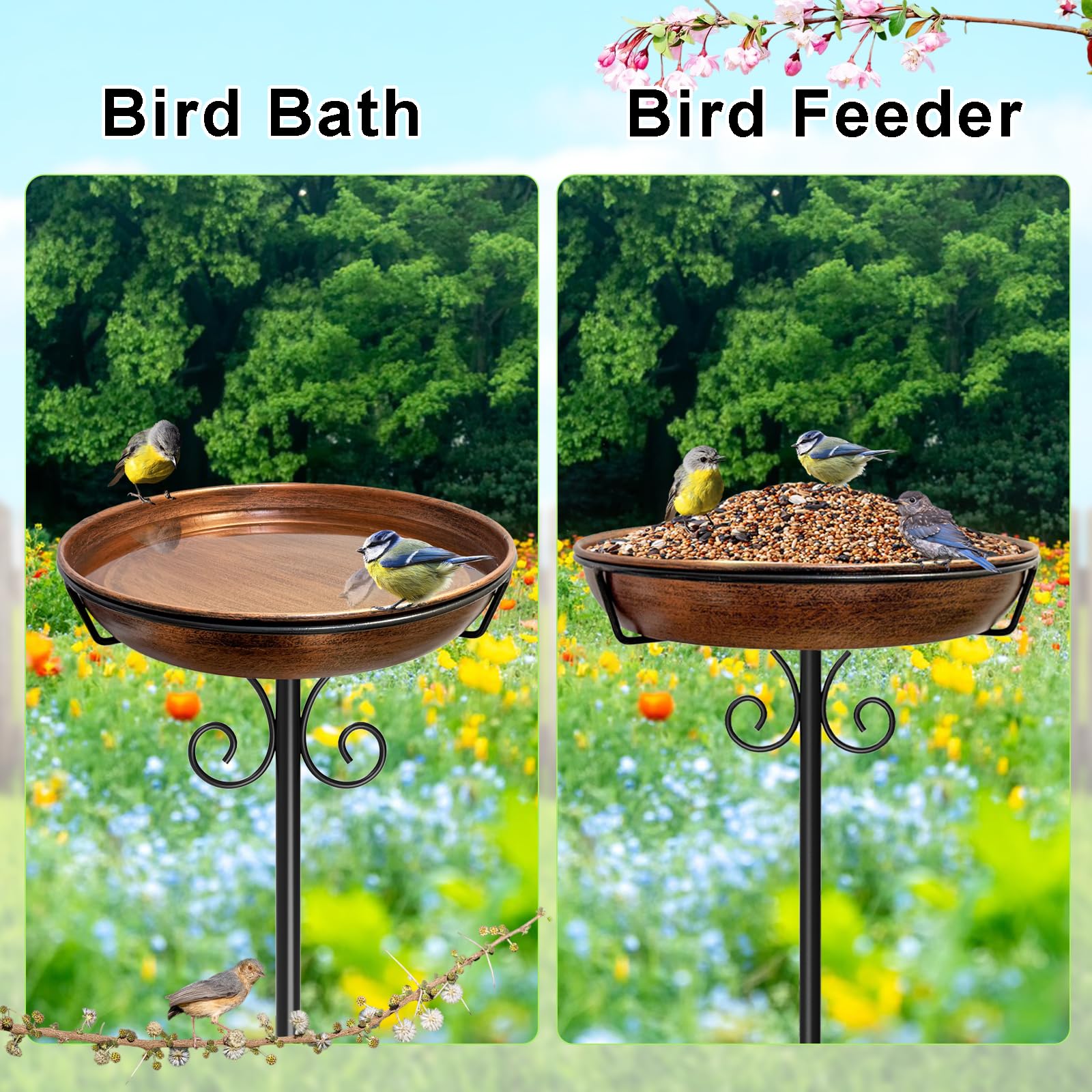 iCHKED bird bath with solar fountain installed, illustrating moving water to attract more birds