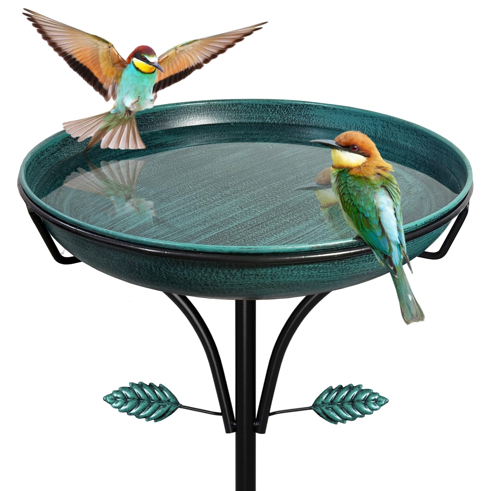 iCHKED front view of green metal bird bath showing vintage style and curb appeal